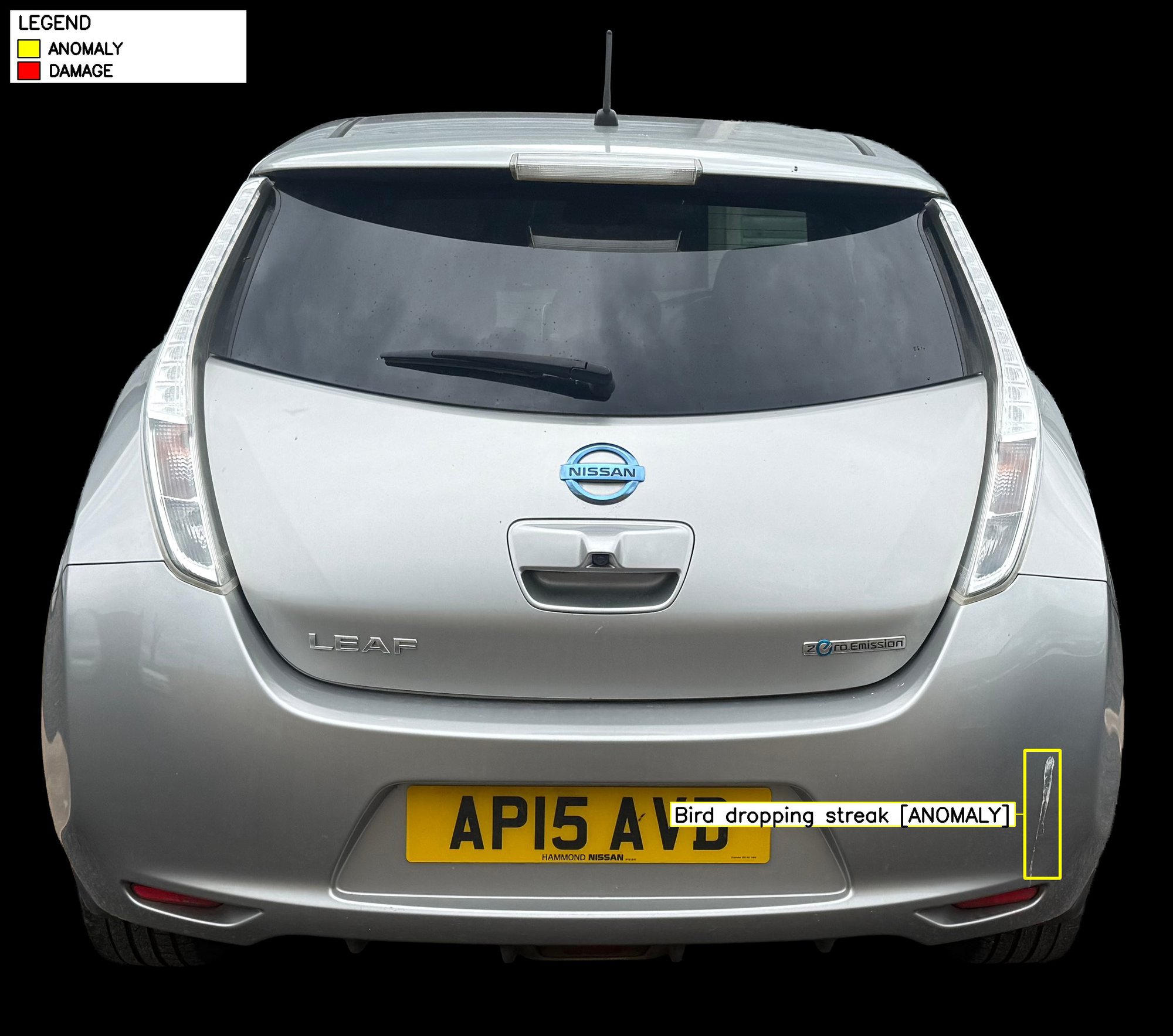 Rear scan — boot, bumper and tailgate detail with anomaly markers.