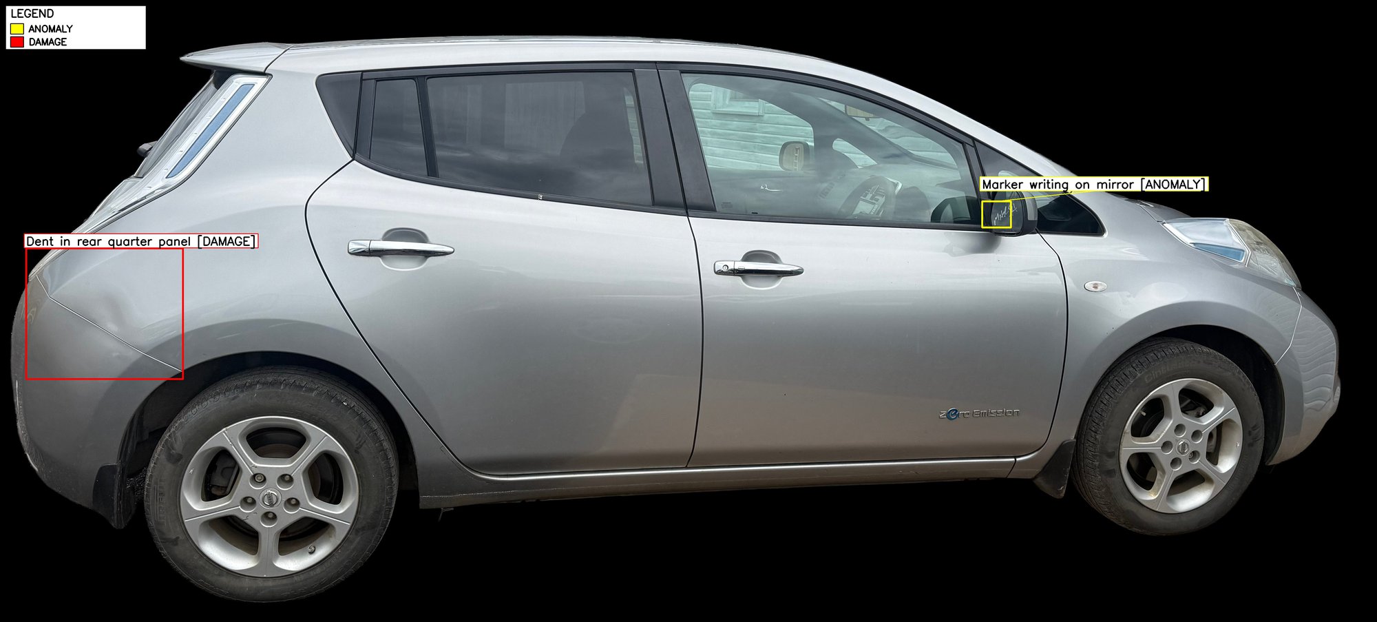 Driver-side scan — dent in rear quarter panel + marker writing on mirror flagged.