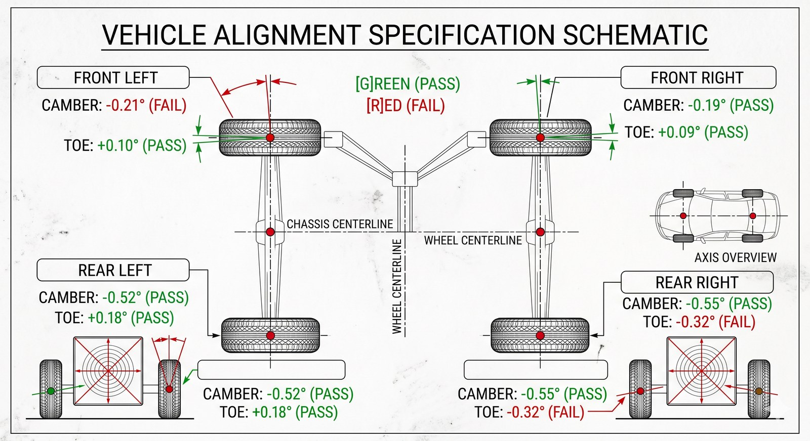 Vehicle alignment specification schematic showing camber and toe readings for all four wheels, colour-coded green for pass and red for fail.