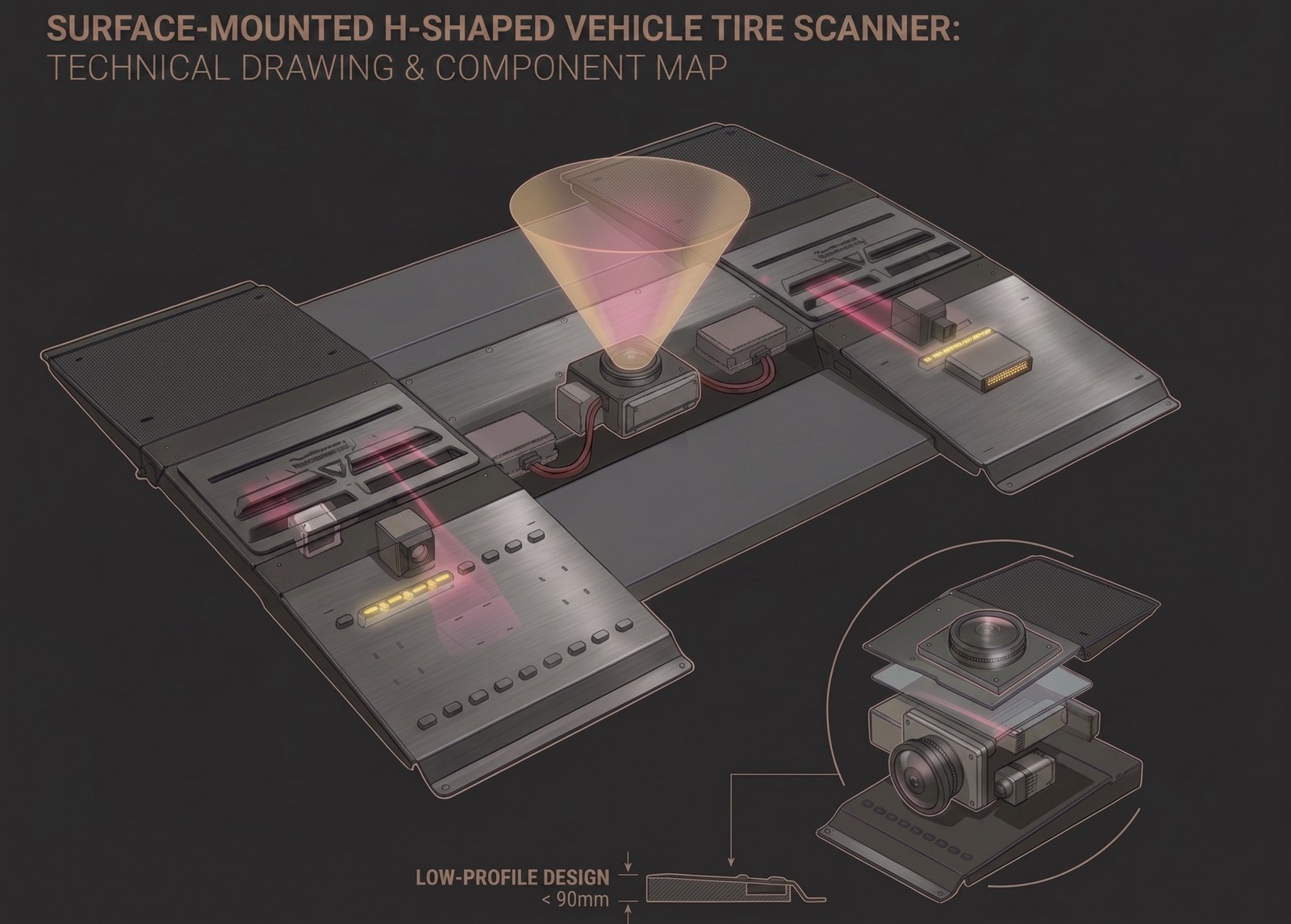 Surface-mounted H-shaped vehicle tyre scanner — technical drawing showing modular ramps, fisheye underbody camera, 3D laser line imagers, high-resolution tyre cameras and LED arrays in a sub-90mm low-profile housing.